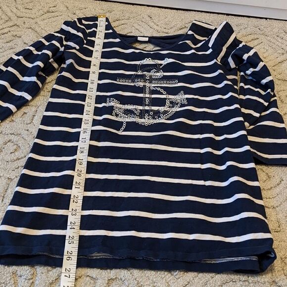Marble navy marine striped shirt rhinestone sequin anchor decor Small @V - Picture 7 of 8